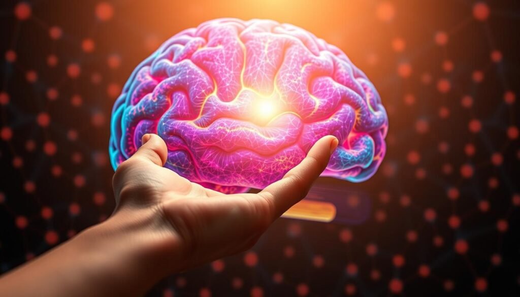 A cerebral cortex in vibrant hues, its neural networks pulsing with energy, serves as the focal point of this captivating image. In the foreground, a mentor's guiding hand extends, gently shaping the path of their mentee, whose mind is illuminated by a soft, ethereal glow. The background is a kaleidoscope of cognitive processes, intricate synaptic connections, and the interplay of analytical and creative thought. Warm, diffused lighting casts a contemplative atmosphere, highlighting the profound influence of neuroscience on the art of mentorship. Precise, elegant composition and a harmonious color palette convey the synergy between the scientific and the transformative aspects of this dynamic relationship.