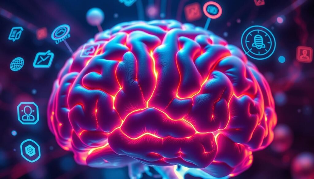 A close-up view of a human brain, its neural pathways illuminated in a vibrant, neon-like glow. The cerebral cortex is prominently featured, its intricate folds and convolutions rendered in vivid detail. Surrounding the brain, holographic icons and data visualizations float in a futuristic, ethereal space, representing the process of "neuromentoria" - the application of neuroscience insights to enhance human performance and well-being. The lighting is a captivating blend of cool, calming blues and warm, energizing reds, creating a mesmerizing, almost mystical atmosphere. The overall composition conveys a sense of depth, with the brain in the foreground and the holographic elements receding into the background, suggesting the depth and complexity of this emerging field.