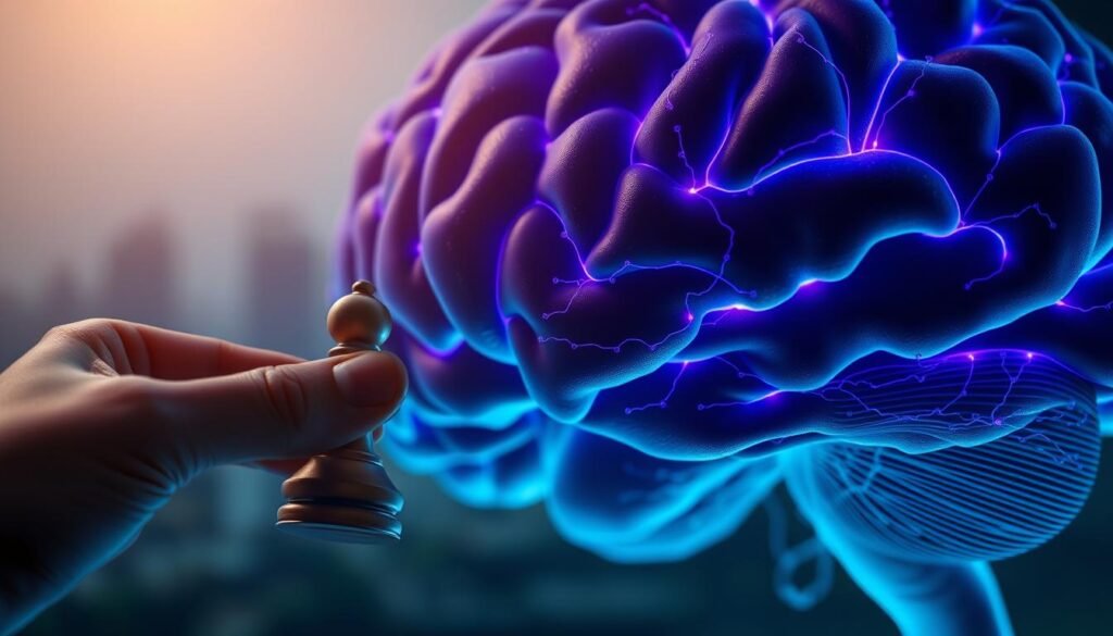 A close-up view of a human brain, with intricate neural pathways illuminated in shades of blue and purple. In the foreground, a hand holding a strategically-placed chess piece, symbolizing the process of decision-making. The background features a muted, blurred cityscape, suggesting the real-world implications of these cognitive processes. The lighting is soft and diffused, creating a contemplative, almost scientific atmosphere. The overall composition conveys the interplay between the biological mechanisms of the brain and the higher-level strategic decision-making that shapes our lives.