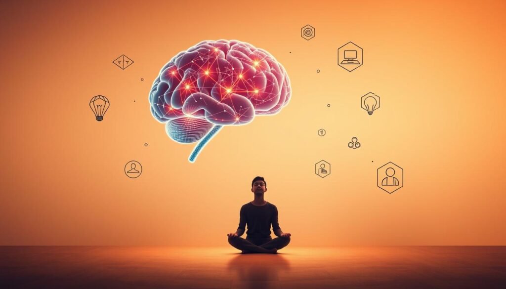 A serene and contemplative scene depicting the intersection of neuroscience and personal development. In the foreground, a stylized human brain hovers, its intricate neural pathways glowing with vibrant, pulsing energy. Surrounding the brain, elegant geometric shapes and minimalist icons symbolize the various aspects of personal growth and transformation. In the middle ground, a person sits in a meditative pose, their eyes closed as they immerse themselves in this symbiotic relationship between the mind and the self. The background is a soft, muted gradient, creating a sense of depth and emphasizing the focus on the central elements. Warm, diffused lighting casts a gentle glow, evoking a sense of introspection and personal enlightenment. The overall tone is one of balance, harmony, and the power of the human mind to shape personal development.