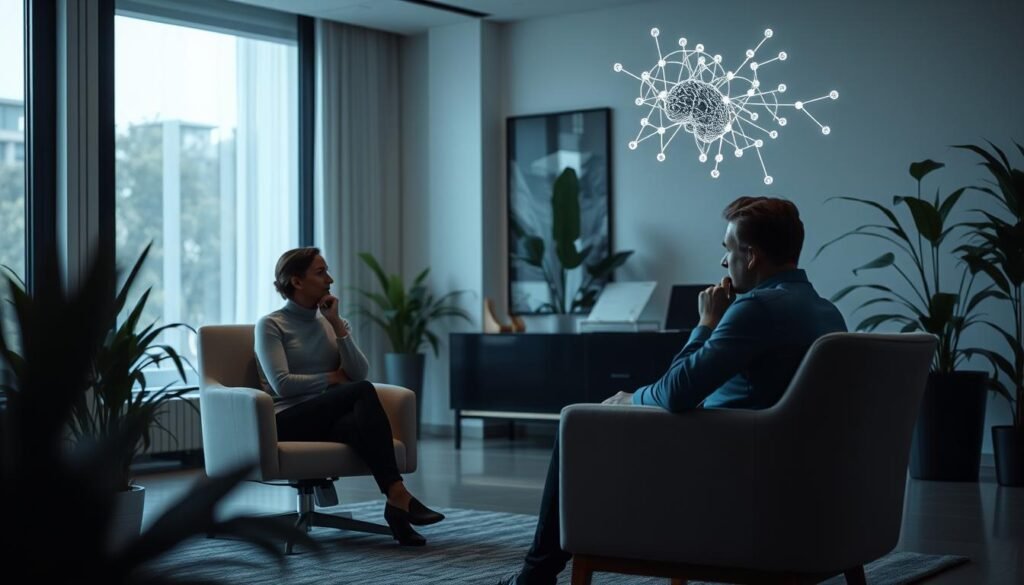 A serene and contemplative scene of "Neuromentoria e Neurociência Aplicada". In the foreground, a thoughtful mentor figure sits in a comfortable chair, deep in discussion with a student. Their expressions convey a sense of mutual understanding and insightful exchange. The middle ground features elegant, minimalist office decor, with tasteful plants and natural lighting filtering in through large windows. In the background, a stylized neural network diagram or brain illustration hovers, representing the underlying principles of neuroscience that inform the mentoring process. The overall atmosphere is one of calm, focus, and the fusion of human connection and scientific knowledge.