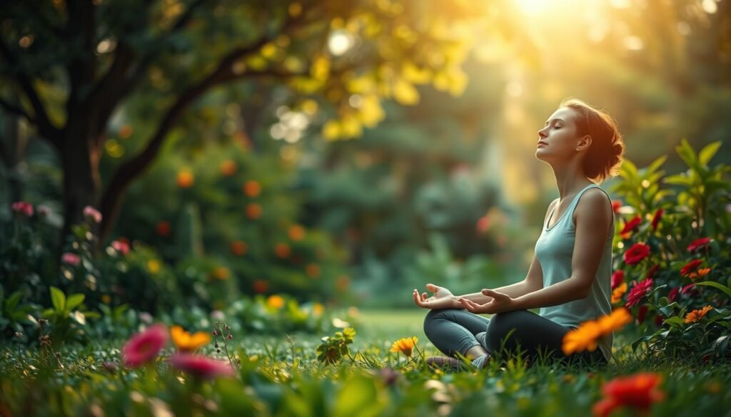 A serene and tranquil garden scene, filled with lush greenery and vibrant flowers. In the foreground, a person sits cross-legged, eyes closed, deeply immersed in a state of mindful meditation. Soft, diffused lighting filters through the canopy of trees, casting a warm, golden glow over the scene. The background is blurred, creating a sense of focus and separation from the outside world. The overall atmosphere is one of stillness, presence, and inner calm, perfectly capturing the essence of "atenção plena" or "mindful attention" in the midst of a chaotic world.