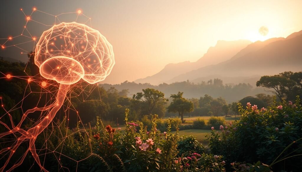 A serene, cerebral landscape depicting the concept of "Neuromentoria." In the foreground, a translucent neural network pulsates with energy, its intricate pathways illuminated by a soft, ambient glow. The middle ground features a tranquil garden, lush with verdant foliage and blooming flowers, symbolizing the harmonious integration of the mind and nature. In the background, a majestic mountain range rises, its peaks shrouded in wisps of mist, evoking a sense of mystery and contemplation. The lighting is warm and diffused, creating a contemplative, almost meditative atmosphere. The overall composition conveys the idea of Neuromentoria as a harmonious blending of the cognitive and the natural worlds.