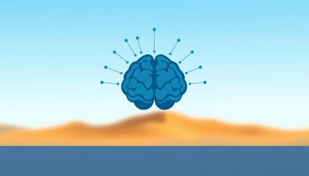 A serene, minimalist illustration depicting the concept of "Neuromentoria". In the foreground, a stylized human brain in shades of blue and gray, symbolizing the neurological foundations of this approach. Radiating from the brain, a series of interconnected nodes and pathways, representing the integration of neuroscience, psychology, and personal development. In the middle ground, a tranquil, abstract landscape in warm, earthy tones, conveying a sense of balance and inner harmony. The background is softly blurred, allowing the focal points to take center stage. The overall mood is one of contemplation, clarity, and the harmonious intersection of the mind, body, and personal growth.