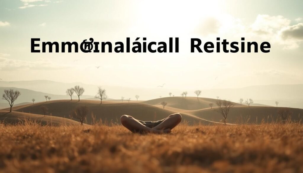 A serene, minimalist landscape with a central figure embodying emotional resilience. In the foreground, a person sits cross-legged, eyes closed, their expression one of calm focus. Soft lighting filters through wispy clouds, casting a warm glow over the scene. In the middle ground, rolling hills dotted with slender trees sway gently in a light breeze. The background features a distant horizon, hazy and tranquil, suggesting a sense of boundless possibility. The overall atmosphere evokes a feeling of inner strength, balance, and the ability to find clarity amidst the chaos of life. A serene, minimalist landscape with a central figure embodying emotional resilience. In the foreground, a person sits cross-legged, eyes closed, their expression one of calm focus. Soft lighting filters through wispy clouds, casting a warm glow over the scene. In the middle ground, rolling hills dotted with slender trees sway gently in a light breeze. The background features a distant horizon, hazy and tranquil, suggesting a sense of boundless possibility. The overall atmosphere evokes a feeling of inner strength, balance, and the ability to find clarity amidst the chaos of life.