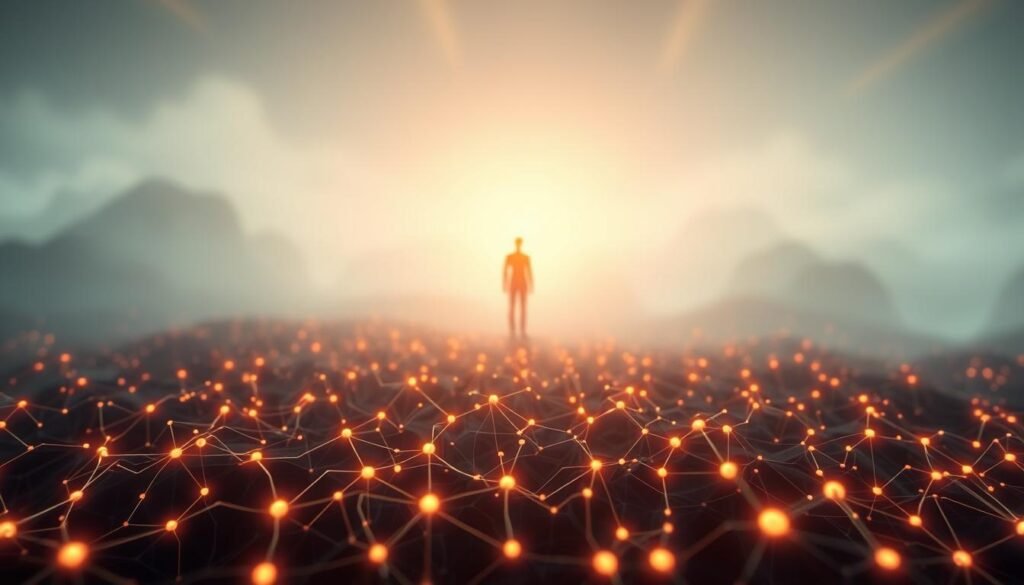 A serene neural network landscape, with a central figure representing "Neuromentoria e Plasticidade Neural". The foreground showcases intricate synaptic connections, glowing with a warm, calming palette. The middle ground features stylized neurons and dendrites, arranged in a harmonious, organic pattern. In the background, a hazy, dreamlike environment evokes the concept of personal growth and development, with subtle hints of geometric shapes and fractal-like patterns. The lighting is soft and diffused, creating a sense of tranquility and introspection. The overall composition conveys the idea of the brain's remarkable plasticity and the guiding principles of neuromentia.