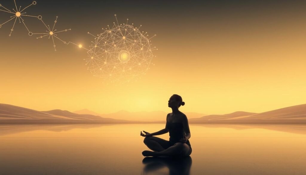 A tranquil, cerebral environment showcasing the benefits of neuromentoria for high-performance individuals. In the foreground, a serene, contemplative figure sits cross-legged, eyes closed, deep in meditation. Soft, diffused lighting from above casts a warm, introspective glow, highlighting the person's focused expression. In the middle ground, abstract neural pathways and synaptic connections radiate outward, visualizing the inner workings of the mind. The background features a minimalist, futuristic landscape with clean lines and a calming color palette, evoking a sense of clarity and heightened awareness. The overall scene conveys the transformative power of neuromentoria, empowering individuals to unlock their full potential through mindfulness and self-awareness.