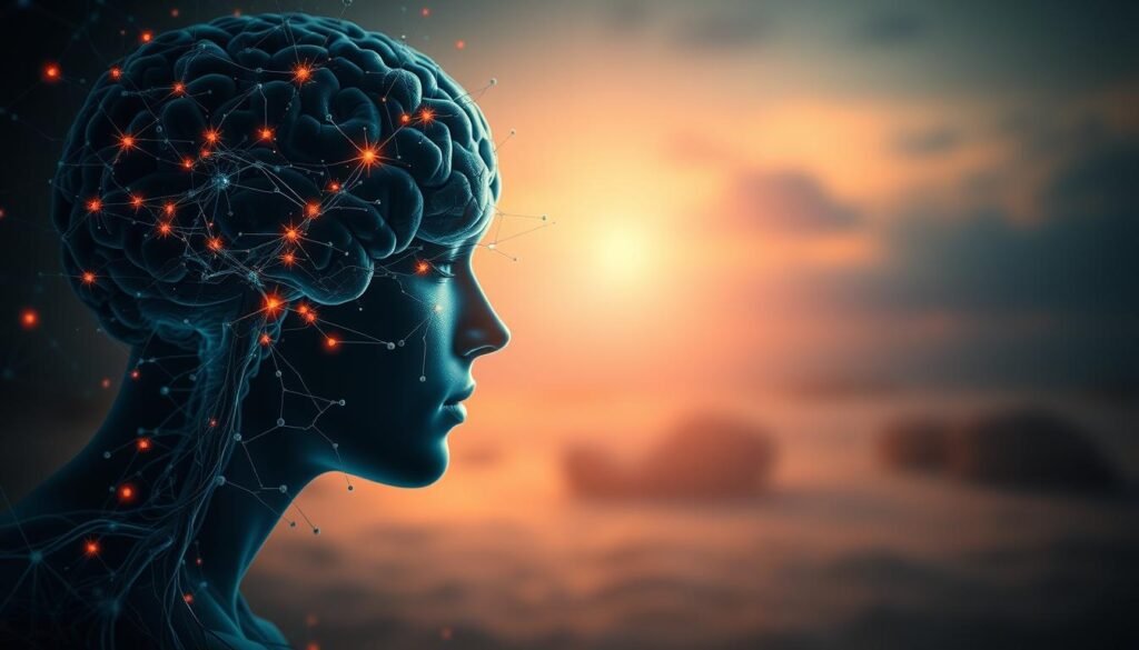 A tranquil scene of a human brain undergoing a process of neural stimulation and cognitive enhancement. In the foreground, intricate synaptic connections pulsate with vibrant energy, visualizing the dynamic neural activity. The middle ground depicts a serene, contemplative environment, with soft, diffused lighting casting a warm glow on the cerebral landscape. In the background, a sense of depth and scale is established, hinting at the vast, interconnected complexity of the human mind. The overall mood is one of focused concentration and intellectual exploration, capturing the essence of the "Princípios da neurociência na neuromentoria" concept. Captured with a cinematic, documentary-style aesthetic, the image conveys a sense of scientific inquiry and personal growth.