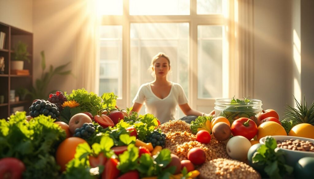A vibrant and nourishing scene, where the connection between nutrition and mental clarity takes center stage. In the foreground, a bountiful arrangement of whole foods - fresh greens, colorful fruits, and hearty grains - radiates a sense of vitality. Streaming sunlight filters through a large window, casting a warm, golden glow that illuminates the scene. In the middle ground, a person sits in a contemplative pose, their face serene and focused, embodying the clarity and focus that arises from a balanced, nutrient-rich diet. The background depicts a peaceful, minimalist interior, free of distractions, allowing the mind to find tranquility and clarity. The overall atmosphere conveys a sense of harmony, where physical nourishment and mental wellbeing are intrinsically linked. A vibrant and nourishing scene, where the connection between nutrition and mental clarity takes center stage. In the foreground, a bountiful arrangement of whole foods - fresh greens, colorful fruits, and hearty grains - radiates a sense of vitality. Streaming sunlight filters through a large window, casting a warm, golden glow that illuminates the scene. In the middle ground, a person sits in a contemplative pose, their face serene and focused, embodying the clarity and focus that arises from a balanced, nutrient-rich diet. The background depicts a peaceful, minimalist interior, free of distractions, allowing the mind to find tranquility and clarity. The overall atmosphere conveys a sense of harmony, where physical nourishment and mental wellbeing are intrinsically linked.