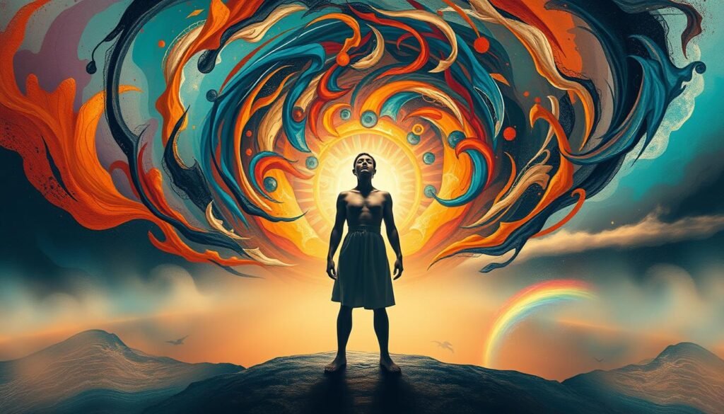 Emotional resilience - a vibrant tapestry of strength, grace, and inner calm. In the foreground, a figure stands resolute, facing the storm, their expression serene yet determined. Swirling around them, abstract shapes and textures symbolize the challenges of life, yet they remain steadfast, their posture open and grounded. The middle ground features a kaleidoscope of colors, hinting at the complexity of the emotional journey, while the background gradually fades into a serene, tranquil landscape, suggesting the peace that can be found within. Soft, diffused lighting casts a warm, enveloping glow, conveying a sense of hope and inner fortitude. Captured through a wide-angle lens, the composition invites the viewer to step into this realm of emotional resilience, a guiding light in the midst of life's unpredictable tides.