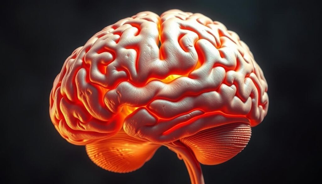 A detailed anatomical cross-section of the human prefrontal cortex, rendered in high resolution and realistic detail. The structure is depicted with intricate layering, revealing the distinct cytoarchitectural zones and neuronal pathways. Warm, natural lighting illuminates the complex folds and gyri, highlighting the dynamic texture and three-dimensional form. The image conveys a sense of scientific inquiry and cerebral contemplation, inviting the viewer to explore the cognitive and executive functions associated with this critical region of the brain.