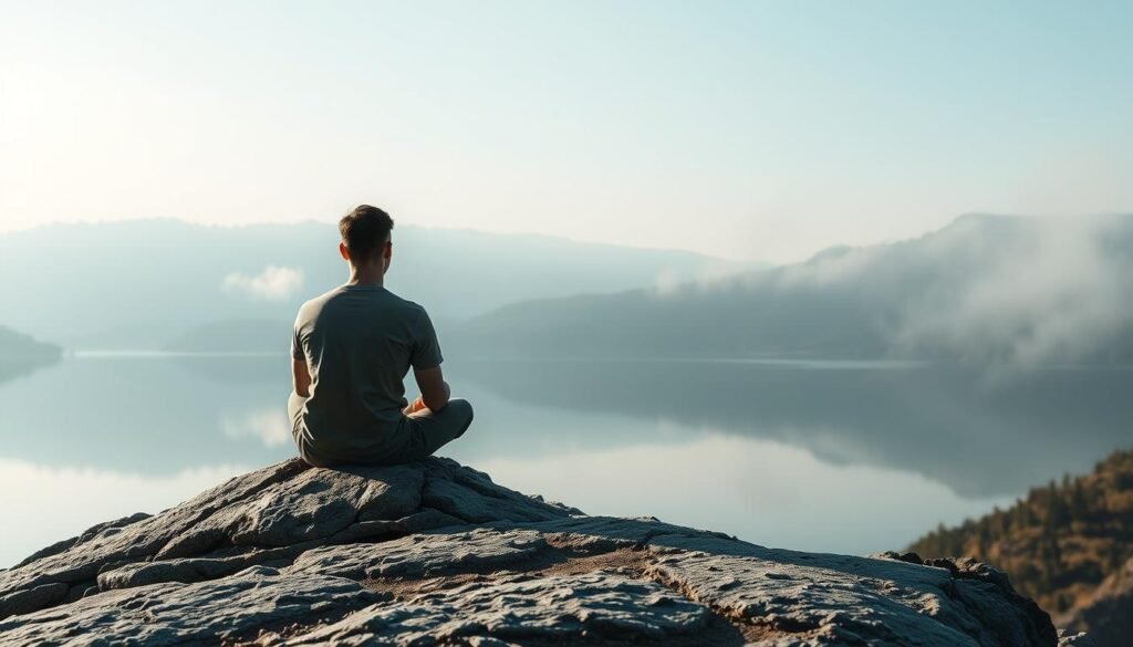 A serene, contemplative scene depicting the challenges of emotional regulation. A lone figure sits cross-legged on a rocky outcrop, gazing pensively into the distance. Soft, diffused lighting illuminates their face, casting gentle shadows that convey a sense of introspection. In the background, a tranquil lake reflects the surrounding landscape, creating a mirror-like surface that symbolizes the inner turmoil and the need for balance. Wisps of fog or mist swirl gently, adding to the atmospheric, meditative quality of the scene. The overall composition and mood evoke the difficulties encountered in the practice of Stoicism, as the individual wrestles with the complexities of emotional control and self-awareness.