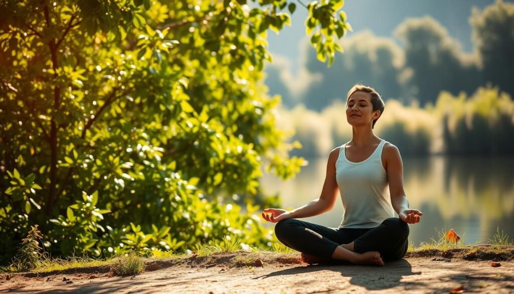 A serene, contemplative scene depicting the concept of "saúde mental" (mental health). In the foreground, a person sits cross-legged in a meditative pose, their eyes closed and face calm, radiating a sense of inner peace. The middle ground features lush, verdant foliage, with sunlight filtering through the leaves, casting a warm, soothing glow. In the background, a tranquil body of water, perhaps a lake or a pond, reflects the natural surroundings, creating a mirrored effect that adds depth and a sense of balance. The overall mood is one of tranquility, mindfulness, and a harmonious connection between the individual and their environment, evoking the influence of Stoicism on mental well-being.