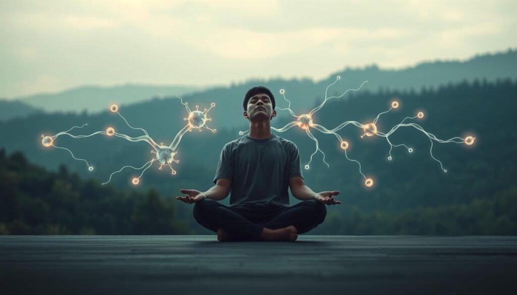 A serene, contemplative scene depicting the interplay between dopamine and self-control. In the foreground, a person sits cross-legged, eyes closed, palms resting gently on their lap, exuding an air of focused introspection. The middle ground features a stylized representation of the dopaminergic reward system, with glowing synapses and neural pathways. In the background, a tranquil natural landscape, perhaps a forest or mountain range, conveys a sense of balance and harmony. The lighting is soft and diffuse, creating a calming, meditative atmosphere. The overall composition is designed to visually express the idea of harnessing the power of dopamine through conscious self-regulation, in alignment with the principles of Stoic virtues.
