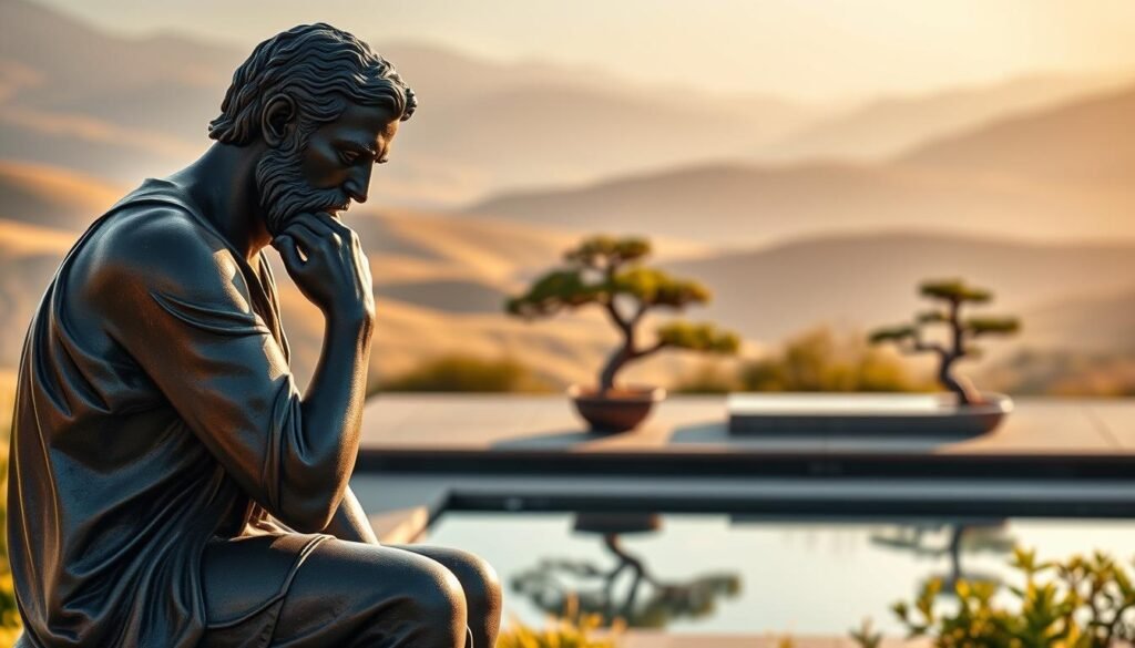 A serene, contemplative scene depicting the virtues of Stoic philosophy. In the foreground, a bronze statue of a pensive philosopher, deep in thought, exuding an aura of calm and wisdom. The middle ground features a minimalist garden, with carefully pruned bonsai trees and a tranquil reflecting pool. The background is a softly blurred vista of rolling hills, bathed in warm, golden light. The overall mood is one of introspection, balance, and inner peace, capturing the essence of Stoic well-being.