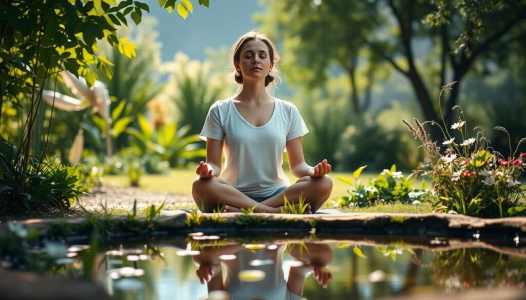 A serene, mindful woman sits cross-legged in a tranquil garden, her eyes closed in deep contemplation. Soft sunlight filters through the lush foliage, casting a gentle glow on her face. In the foreground, a small pond reflects the verdant surroundings, its surface like a mirror, symbolizing the emotional self-reflection at the heart of mindfulness. The middle ground features a variety of calming, native plants and flowers, while the background subtly blurs into a serene, natural landscape. The overall atmosphere is one of inner peace, emotional regulation, and a deep connection with the present moment.