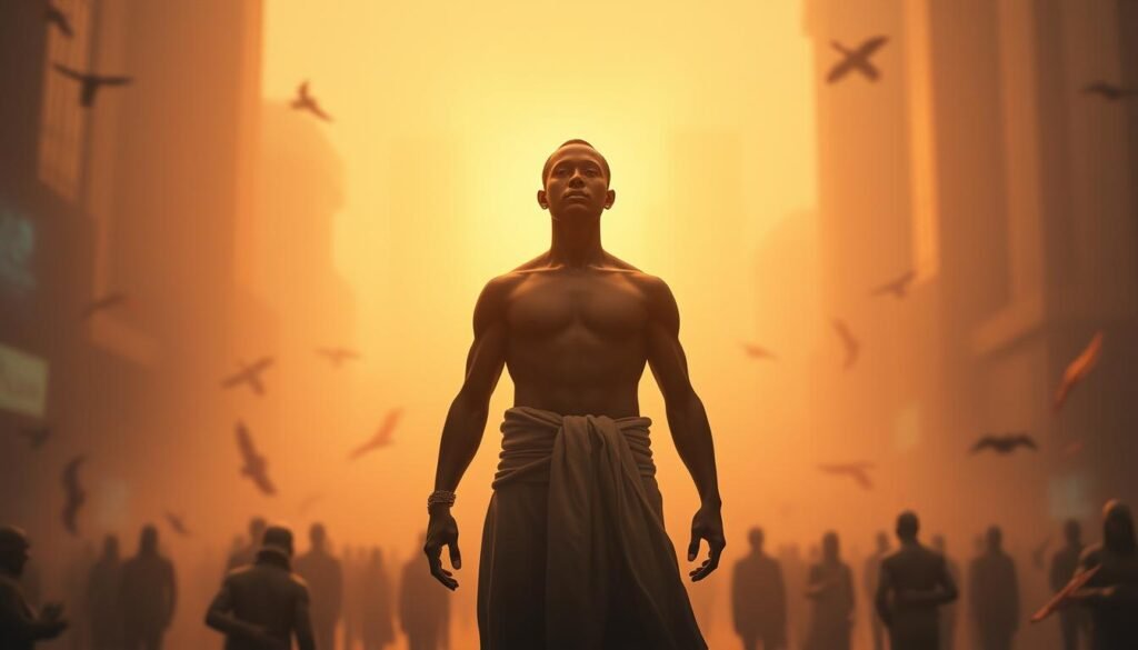 A serene, stoic figure stands resolute amidst the chaos of the modern world. Bathed in warm, diffused lighting, their gaze is unwavering, their posture poised and dignified. The background is a blend of soft, muted tones, creating a sense of timelessness and contemplation. Subtle textures and geometric patterns suggest the interconnectedness of the physical and the metaphysical. The overall atmosphere conveys a profound sense of inner strength, resilience, and a steadfast commitment to personal growth, even in the face of adversity.