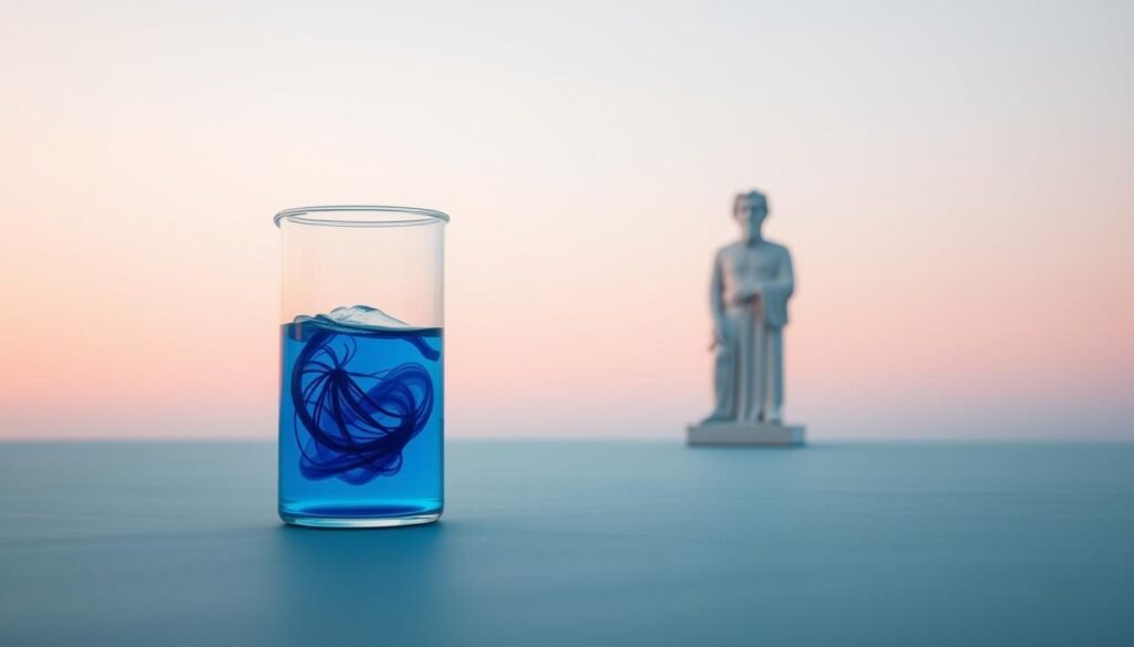 Prompt A serene, minimalist composition depicting the intersection of neuroscience and Stoicism. In the foreground, a glass beaker filled with a swirling blue liquid represents the neural processes underlying mindfulness and presence. In the middle ground, a simple stone statue of a Stoic philosopher gazes calmly, embodying the tranquil acceptance of the present moment. The background features a clean, gradient sky, suggesting the transcendental nature of this synthesis. Soft, diffuse lighting casts an aura of contemplation, while a shallow depth of field focuses the viewer's attention on the core elements. The overall mood is one of intellectual harmony, where scientific understanding and philosophical wisdom converge.