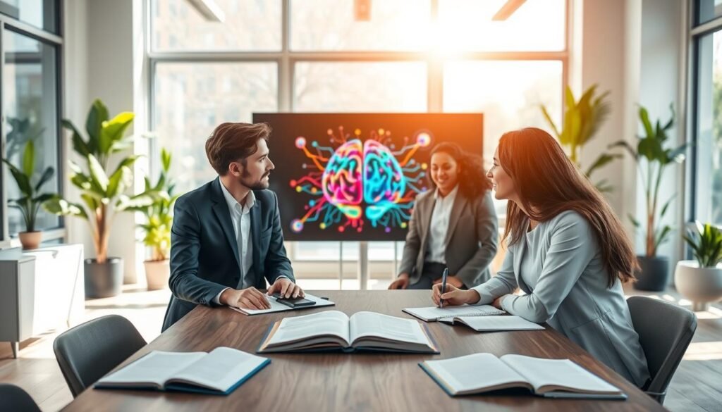 A modern office environment showcasing a dynamic mentorship session that highlights the application of neuroscience in personal development. In the foreground, a diverse group of three professionals in business attire are deep in discussion, with open notebooks and brain diagrams spread on the table. The middle ground features a large screen displaying a colorful neural network visual, symbolizing brain activity and learning processes. The background shows a softly lit room with plants and modern furniture, creating an inviting atmosphere that encourages collaboration and growth. Daylight streams through large windows, casting gentle shadows. The overall mood is inspiring and focused, illustrating the powerful connection between neuroscience and mentoring.