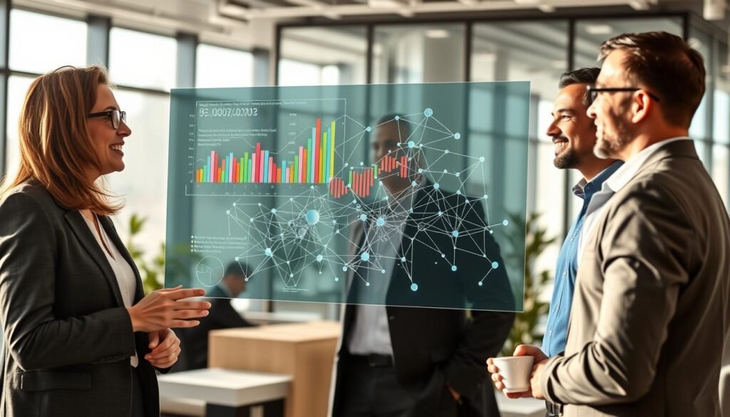 A professional and engaging scene depicting the concept of behavioral intelligence in a corporate setting. In the foreground, a diverse group of three professionals, a woman and two men, are engaged in a dynamic conversation, showcasing positive body language and active listening. They are dressed in business attire, representing different ethnic backgrounds. In the middle, a large, transparent screen displays colorful graphs and interconnected neural networks, symbolizing data analysis and cognitive processes. The background features a modern office environment with large windows allowing natural light to stream in, casting soft shadows. The mood is collaborative and innovative, with a warm light tone that enhances a sense of growth and understanding, captured from a slightly elevated angle to encompass the entire scene effectively.