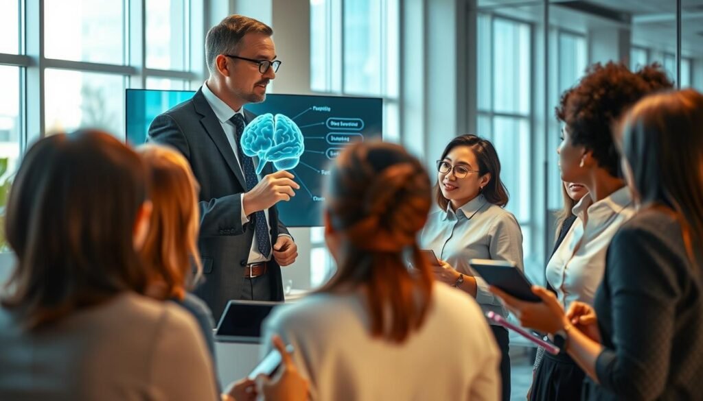 A professional mentor and a curious mentee engaged in a dynamic discussion in a modern, well-lit office space. The mentor, a middle-aged individual in smart business attire, gestures towards a digital brain model displayed on a sleek, interactive screen, symbolizing neuromentoria principles. In the foreground, a diverse group of people of various ethnicities, all dressed in professional attire, are attentively listening, taking notes on tablets. The background features large windows with bright, natural light streaming in, creating an uplifting atmosphere. Soft, warm lighting illuminates the room, fostering a sense of collaboration and inspiration. The focus is on the engaging interaction and shared learning experience, encapsulating the essence of neuromentoria.