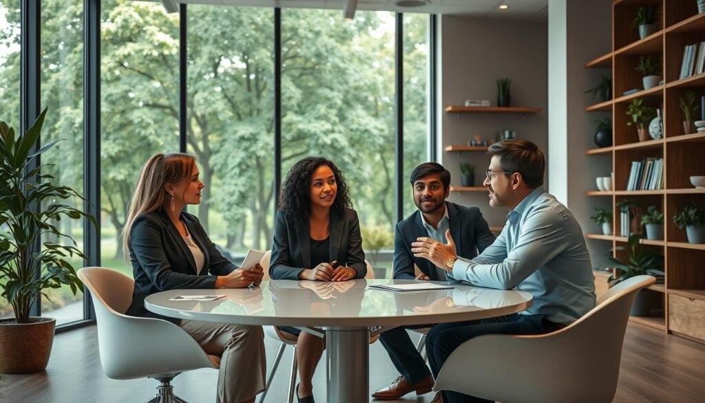 A serene and modern office environment showcasing the concept of "Neuromentoria." In the foreground, a diverse group of three professional individuals, one woman and two men, dressed in smart business attire, engaged in a thoughtful discussion while seated around a sleek, circular table. Their expressions are focused and collaborative, illustrating mentorship. In the middle ground, a large glass window reveals a lush green park, symbolizing growth and connection with nature. The background features shelves lined with books and plants, enhancing the atmosphere of learning and mentoring. Soft, warm lighting creates a welcoming ambiance, while a slightly elevated angle captures the depth of the scene, inviting viewers into this enriching dialogue on neuromentoring and its positive impact on personal development.