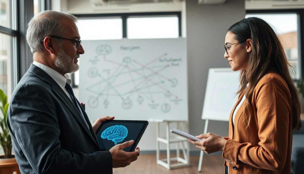 A serene and professional office environment, featuring a diverse group of three individuals engaged in a thoughtful discussion about neuroscience concepts. In the foreground, a middle-aged man in a tailored suit holds a tablet displaying brain imagery, while a young woman in smart casual attire takes notes. In the middle ground, a whiteboard filled with diagrams of brain networks and decision pathways captures the essence of "neuromentoria." The background shows large windows with soft natural light filtering in, illuminating the room. The mood is one of collaboration and innovation, reflecting a focus on learning and mentorship in the realm of neuroscience. A wide-angle perspective enhances the space, making the setting look inviting and dynamic.