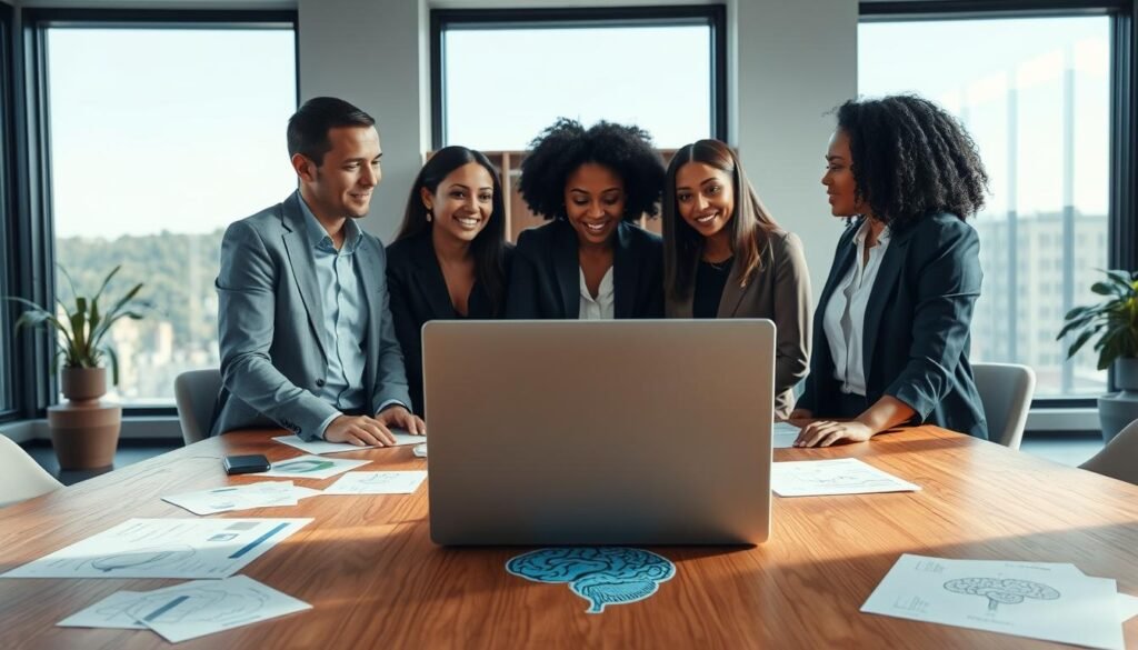 A serene, modern office space serving as the backdrop for a sophisticated mentorship session. In the foreground, a diverse group of three professionals, dressed in business attire, engages in a thoughtful discussion over a large wooden table strewn with neuroscience-related materials like brain diagrams and research papers. The middle ground features a sleek laptop displaying interactive data visuals, symbolizing the integration of neuroscience in mentoring. In the background, large windows allow soft, natural light to illuminate the scene, casting gentle shadows. The atmosphere is calm and focused, conveying intellectual curiosity and collaboration, emphasizing the crucial role of neuroscience in mentorship. The composition is captured from a slightly elevated angle, integrating all elements cohesively.