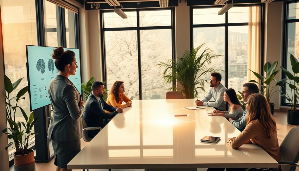 A serene office environment with a modern touch, featuring a diverse group of leaders engaged in a brainstorming session. In the foreground, a confident woman in business attire is guiding the conversation, using visual aids like brain diagrams on a digital screen. In the middle, a diverse team collaborates around a sleek table, sharing ideas while a mind map glows softly in the center, symbolizing neuroconnections. The background showcases large windows with soft natural light pouring in, creating an inspiring atmosphere, with green plants adding a touch of vitality. The scene should convey a sense of innovation and collaboration, emphasizing the application of neuroscience in leadership development. Focus on warm tones and balanced composition, capturing the essence of transformation and growth. A serene office environment with a modern touch, featuring a diverse group of leaders engaged in a brainstorming session. In the foreground, a confident woman in business attire is guiding the conversation, using visual aids like brain diagrams on a digital screen. In the middle, a diverse team collaborates around a sleek table, sharing ideas while a mind map glows softly in the center, symbolizing neuroconnections. The background showcases large windows with soft natural light pouring in, creating an inspiring atmosphere, with green plants adding a touch of vitality. The scene should convey a sense of innovation and collaboration, emphasizing the application of neuroscience in leadership development. Focus on warm tones and balanced composition, capturing the essence of transformation and growth.